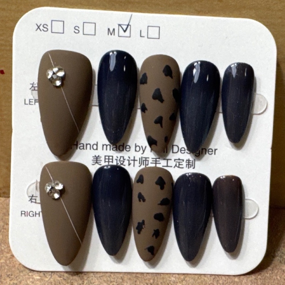 Press On Nails Almond Matte Brown Leopard Navy Blue Rhinestone Set Size M